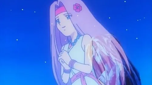 Mulher anime de cabelo rosa longo, tiara e flor no cabelo, com mãos juntas. Ela sorri suavemente sob um céu noturno estrelado.