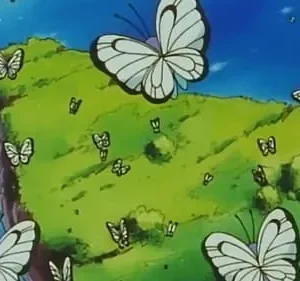 Cena animada com borboletas brancas voando sobre uma colina verde e o céu azul. Transmite uma atmosfera pacífica e natural.