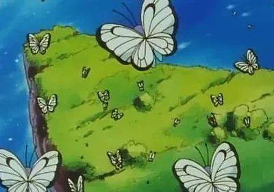 Cena animada com borboletas brancas voando sobre uma colina verde e o céu azul. Transmite uma atmosfera pacífica e natural.