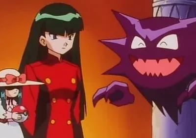 Mulheres sérias, uma de casaco vermelho e outra de chapéu branco, observam uma criatura roxa sorridente emergir. Fundo quente e laranja.