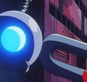 Um robô esférico com olho azul brilhante e um ímã gigante flutuam sobre um fundo industrial escuro. Clima sci-fi.
