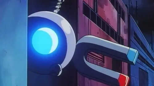 Um robô esférico com olho azul brilhante e um ímã gigante flutuam sobre um fundo industrial escuro. Clima sci-fi.