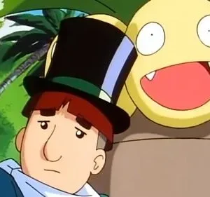 Um homem de cartola com semblante sério e criatura amarela sorridente com presas, em selva.