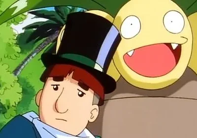 Um homem de cartola com semblante sério e criatura amarela sorridente com presas, em selva.