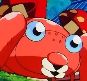 Criatura vermelha, estilo inseto, com olhos azuis grandes e formas de cogumelo, em grama verde com casa japonesa atrás.