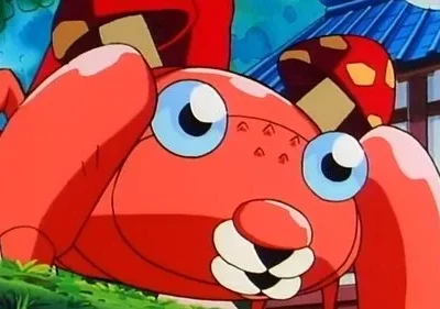 Criatura vermelha, estilo inseto, com olhos azuis grandes e formas de cogumelo, em grama verde com casa japonesa atrás.