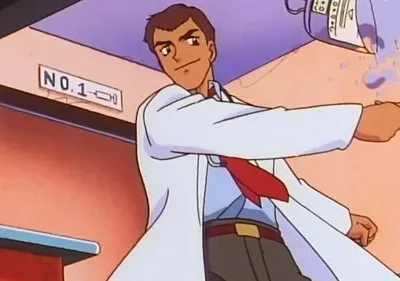 Homem sorridente em jaleco branco e gravata vermelha, segurando um bisturi. Água jorra de um recipiente acima, perto de uma porta com NO.1.