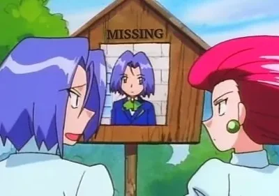 Personagem de cabelo roxo e um de cabelo vermelho chocados diante de cartaz de 'DESAPARECIDO' com foto do primeiro. Exterior.