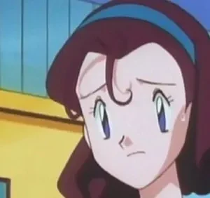 Garota anime com cabelo castanho e faixa azul, expressando tristeza ou preocupação, com uma gota de suor na bochecha. Fundo desfocado em amarelo e azul.