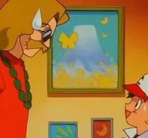 Homem de óculos e bigode parece aflito. Um menino de boné e sua criatura amarela sorriem curiosos. Fundo interno com quadros e montanha.