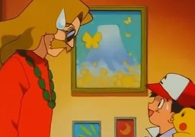 Homem de óculos e bigode parece aflito. Um menino de boné e sua criatura amarela sorriem curiosos. Fundo interno com quadros e montanha.