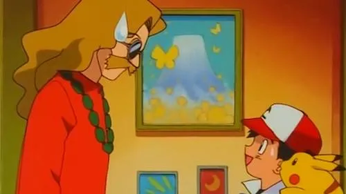Homem de óculos e bigode parece aflito. Um menino de boné e sua criatura amarela sorriem curiosos. Fundo interno com quadros e montanha.