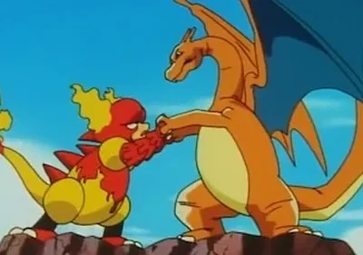 Em confronto, um dragão laranja alado e um monstro menor vermelho e amarelo seguram-se pelas mãos, sob céu azul.