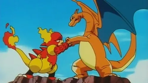 Em confronto, um dragão laranja alado e um monstro menor vermelho e amarelo seguram-se pelas mãos, sob céu azul.