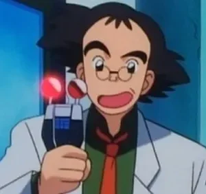 Homem de anime de óculos e jaleco branco, com boca aberta de surpresa, segura um aparelho com luz vermelha em ambiente azulado.