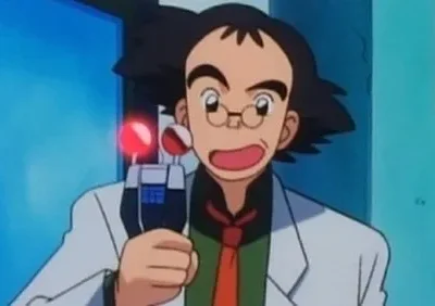 Homem de anime de óculos e jaleco branco, com boca aberta de surpresa, segura um aparelho com luz vermelha em ambiente azulado.