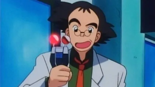 Homem de anime de óculos e jaleco branco, com boca aberta de surpresa, segura um aparelho com luz vermelha em ambiente azulado.