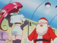Mulher de cabelo magenta e roupa justa, de costas, olha um Papai Noel sorridente em interior com teto curvado.