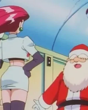 Mulher de cabelo magenta e roupa justa, de costas, olha um Papai Noel sorridente em interior com teto curvado.