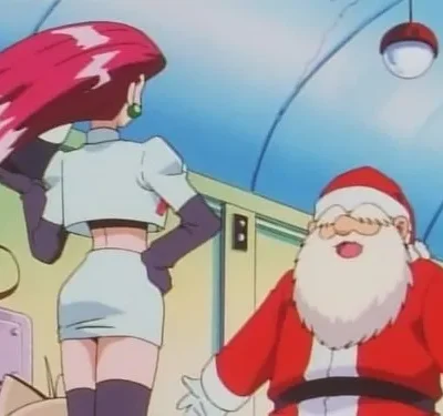 Mulher de cabelo magenta e roupa justa, de costas, olha um Papai Noel sorridente em interior com teto curvado.