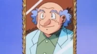 Desenho de um cientista sorridente, careca com cabelo azul e jaleco claro, dentro de uma moldura dourada.