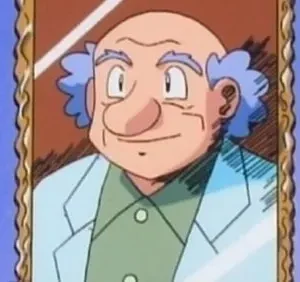 Desenho de um cientista sorridente, careca com cabelo azul e jaleco claro, dentro de uma moldura dourada.