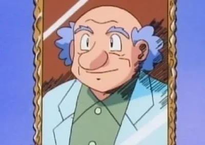 Desenho de um cientista sorridente, careca com cabelo azul e jaleco claro, dentro de uma moldura dourada.