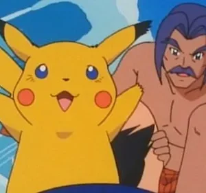Pikachu feliz e um homem musculoso de bigode roxo surfando em uma onda azul. Clima de aventura e diversão.