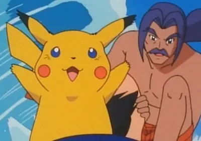 Pikachu feliz e um homem musculoso de bigode roxo surfando em uma onda azul. Clima de aventura e diversão.