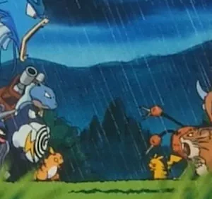 Criaturas fantásticas coloridas, incluindo um dragão azul e um touro marrom, se encaram sob chuva forte. Cena de confronto épico.