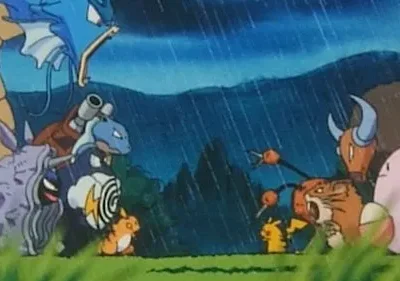 Criaturas fantásticas coloridas, incluindo um dragão azul e um touro marrom, se encaram sob chuva forte. Cena de confronto épico.