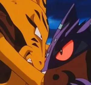 Duas criaturas animadas, uma amarela e outra roxa com olhos vermelhos, em combate feroz e próximo. Clima intenso.