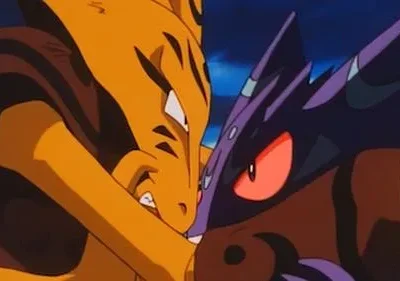 Duas criaturas animadas, uma amarela e outra roxa com olhos vermelhos, em combate feroz e próximo. Clima intenso.