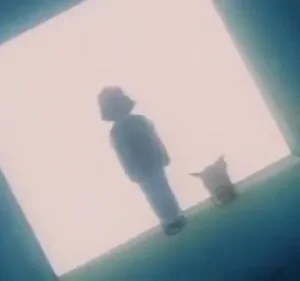 Duas silhuetas, uma humana e outra pequena, olham para uma vasta luz branca de um vão escuro. Clima misterioso e esperançoso.