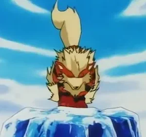 Criatura vermelha e dourada com chama na cabeça, presa em um bloco de gelo azul sob céu claro e nuvens.