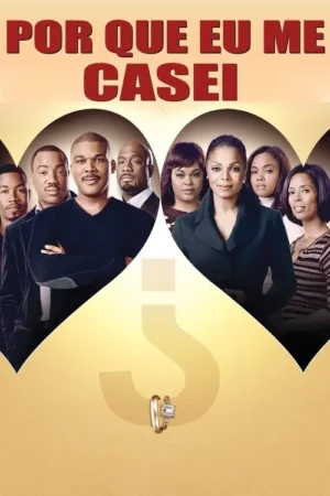 Pôster com 8 adultos negros (4 homens, 4 mulheres) em poses sérias. Um ponto de interrogação dourado e dois anéis de casamento dividem a cena.