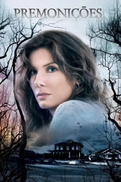 Pôster sombrio com mulher de expressão séria, olhando para o lado. Árvores secas e casa escura ao fundo. Clima misterioso e tenso.
