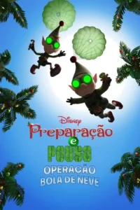 Dois duendes de Natal com óculos verdes e paraquedas caem num céu azul claro,cercados por palmeiras decoradas. Cena divertida e cheia de ação.