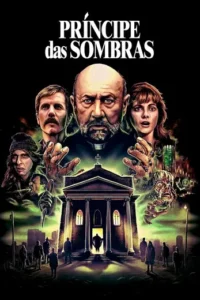 Pôster de terror. Um padre e outros personagens tensos pairam sobre uma igreja com brilho verde. Vultos sombrios a cercam. Clima sinistro.
