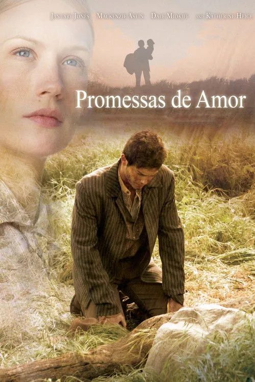 Promessas de Amor 1 Rosto de mulher embaçado. Homem ajoelhado em campo. Silhueta de homem com criança em colina. Cena rural melancólica.