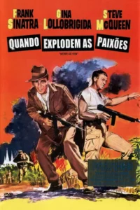 Pôster vibrante. Dois homens armados em combate na selva com explosões. Um sorri,o outro grita,expressando intensidade e aventura.