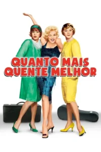Pôster cômico:Uma loira glamorosa e dois homens em drag com pernas peludas,em vestidos estilo anos 20. Fundo branco.