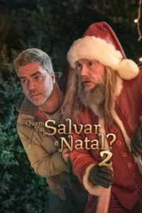 Dois homens olham apreensivos:um Papai Noel moderno de barba longa e um homem casual. Fundo escuro com luzes natalinas.