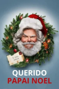 Papai Noel com olhar malicioso,barba branca,dentro de guirlanda natalina com tridente e carta 'Para:Satanás'.