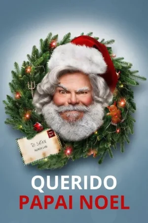 Papai Noel com olhar malicioso, barba branca, dentro de guirlanda natalina com tridente e carta 'Para: Satanás'.