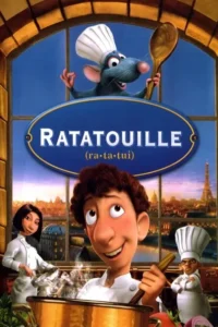 Rato chef com chapéu e colher no alto. Abaixo,chefs humanos cozinham com a Torre Eiffel ao fundo. Uma cena animada de culinária parisiense.