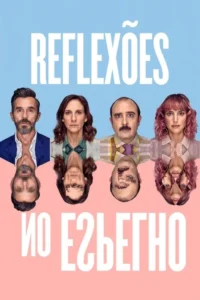 Quatro rostos sérios (2 homens, 2 mulheres) em fundo azul e rosa. Metades inferiores espelhadas e distorcidas. Clima enigmático.