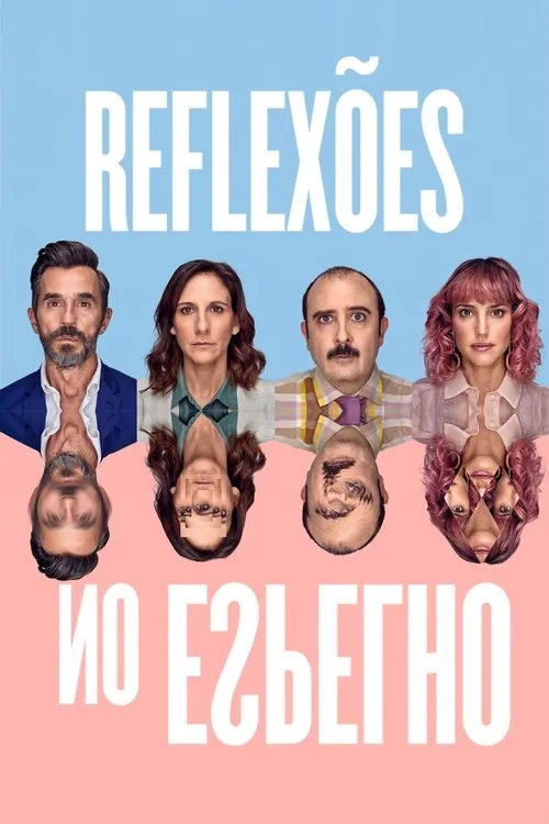 Quatro rostos sérios (2 homens, 2 mulheres) em fundo azul e rosa. Metades inferiores espelhadas e distorcidas. Clima enigmático.