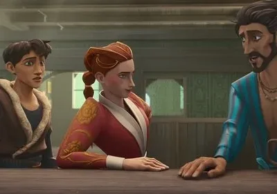 Três personagens animados numa taverna: um jovem com arco, uma mulher ruiva elegante e um homem barbudo conversam. Clima intrigante.