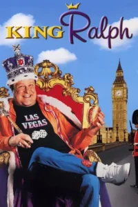 Pôster cômico:Homem de coroa e camiseta Las Vegas,em trono com hambúrguer,Big Ben e guarda real ao fundo.